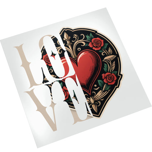 Tattoo heart and rose Valentine DTF transfer displayed on white background showing detailed traditional artwork with ornate flourishes
