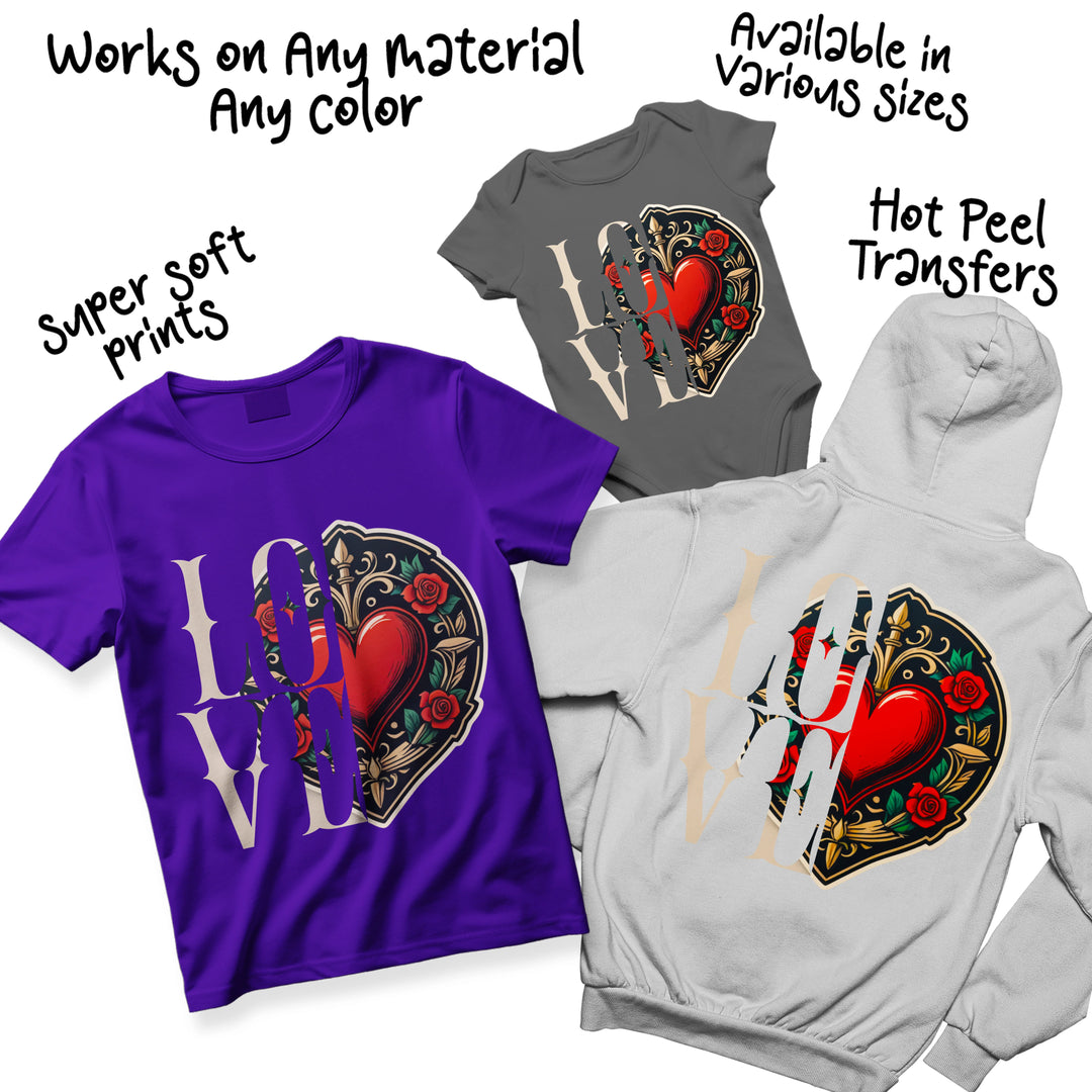 Multiple color variations of Valentine tattoo heart DTF transfer showing different colorway options for custom apparel projects