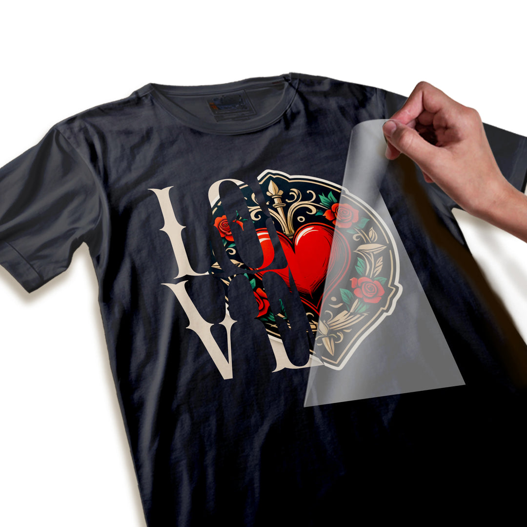 Close-up detail of Valentine tattoo heart DTF transfer showing fine rose petals, decorative scrollwork, and rich color saturation