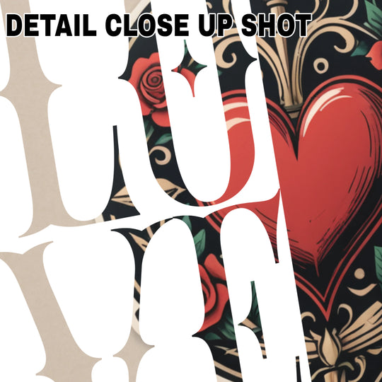Valentine DTF transfer design showing vintage tattoo-style red heart with decorative roses and scrollwork on clear carrier sheet