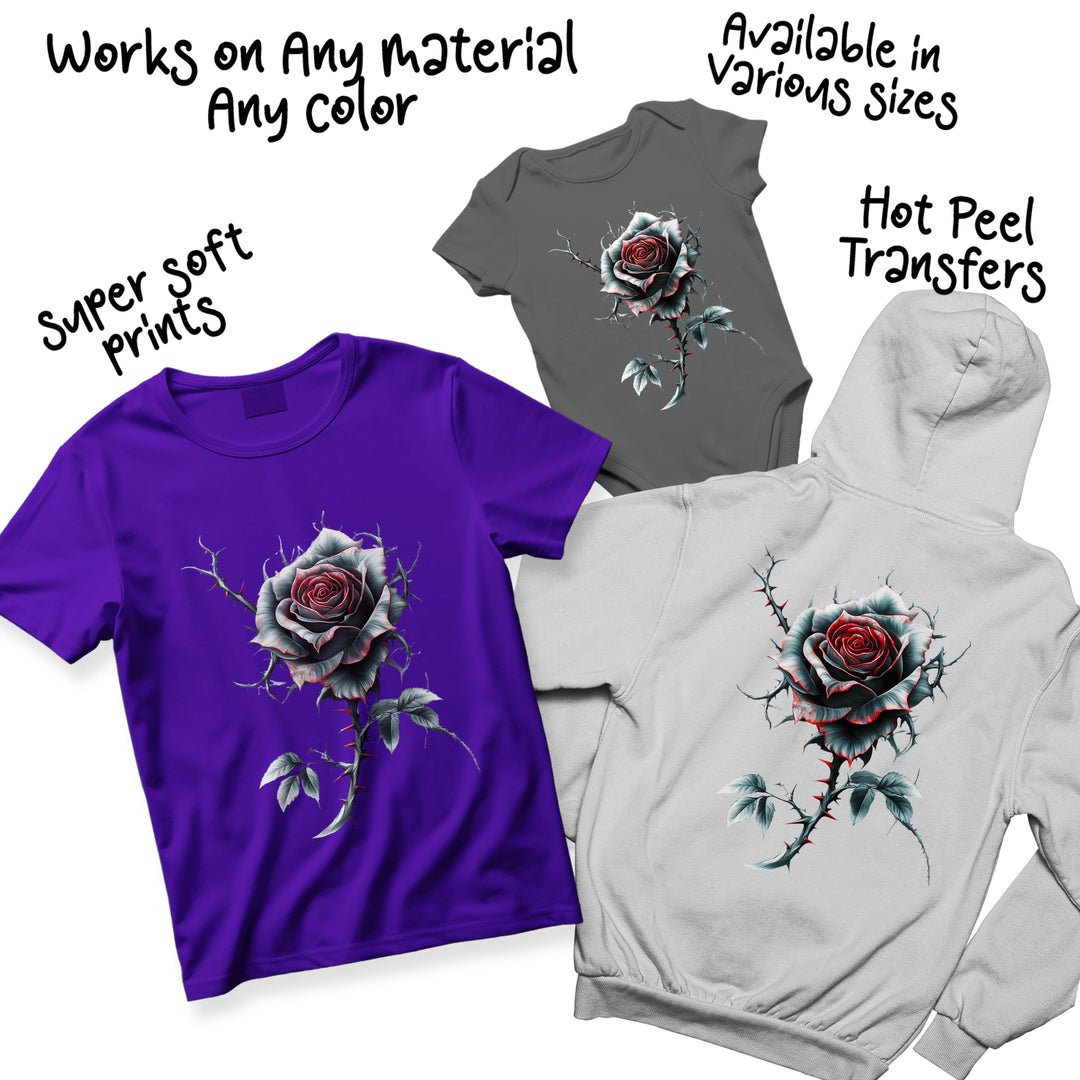 Multiple color variations of tattoo-style rose DTF transfer showing different colorway options for Valentine's designs