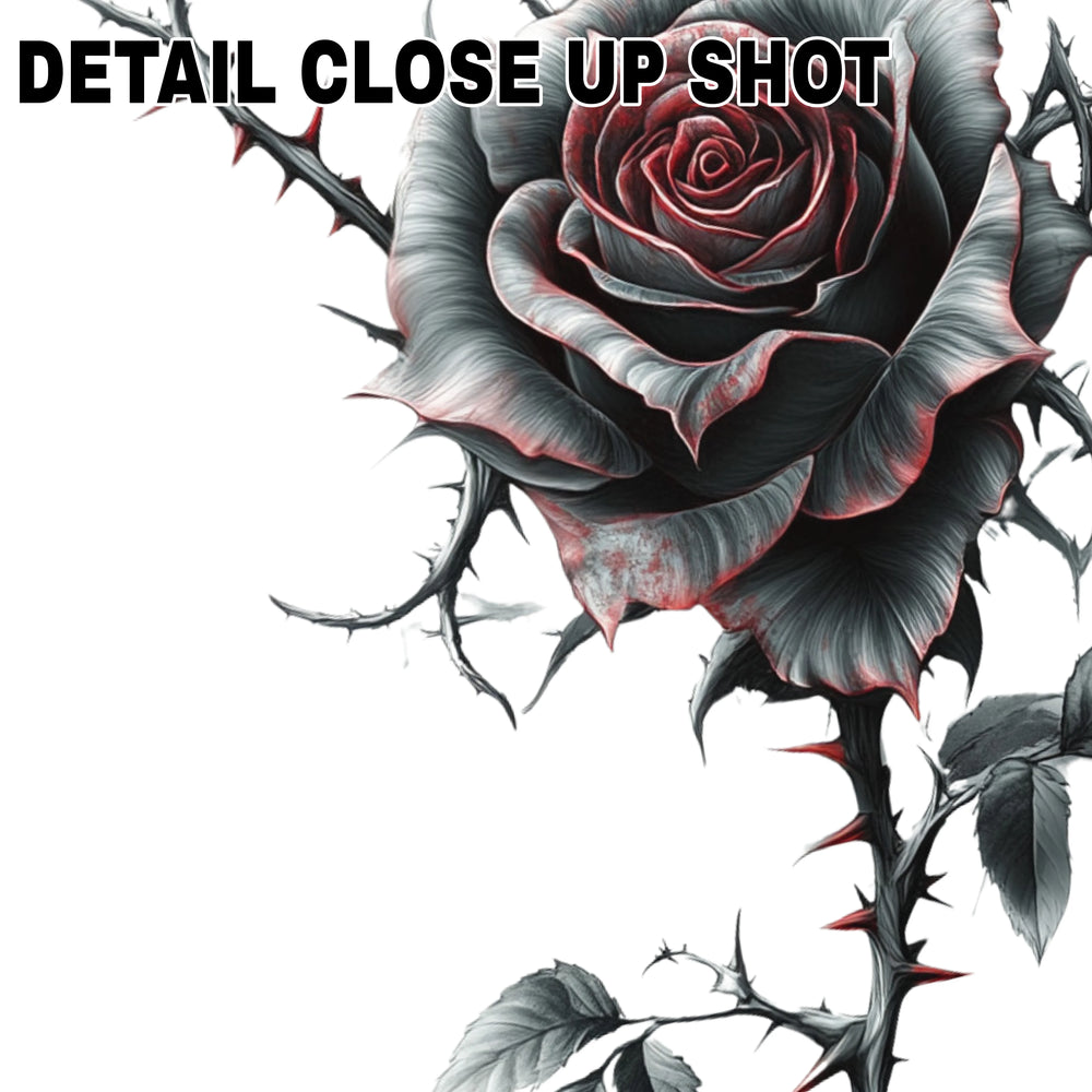 Gothic tattoo-style black rose DTF transfer with thorny stem and red accents on transparent background, perfect for Valentine's Day apparel