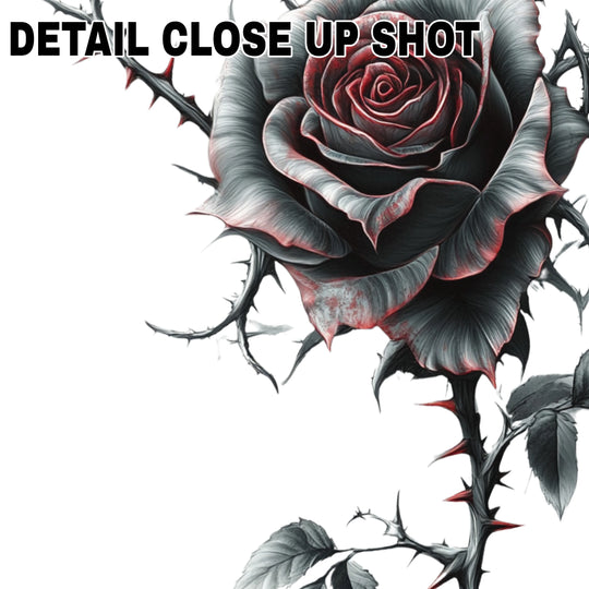 Gothic tattoo-style black rose DTF transfer with thorny stem and red accents on transparent background, perfect for Valentine's Day apparel