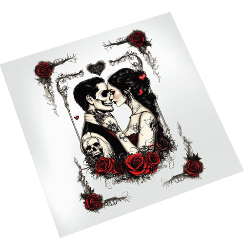 Valentine gothic tattoo couple DTF transfer on white background showing intricate rose and vine border details ready to press