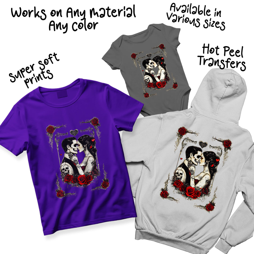 Multi-color gothic Valentine couple DTF transfer variations displaying different colorway options for custom apparel