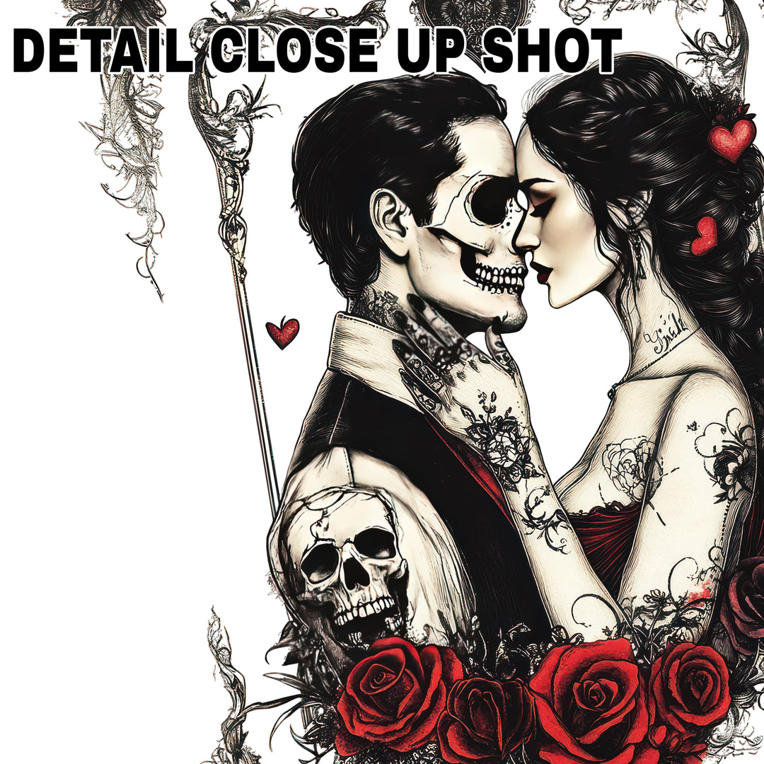 Gothic Valentine DTF transfer design showing tattooed couple embracing surrounded by red roses and thorny vines with skull details