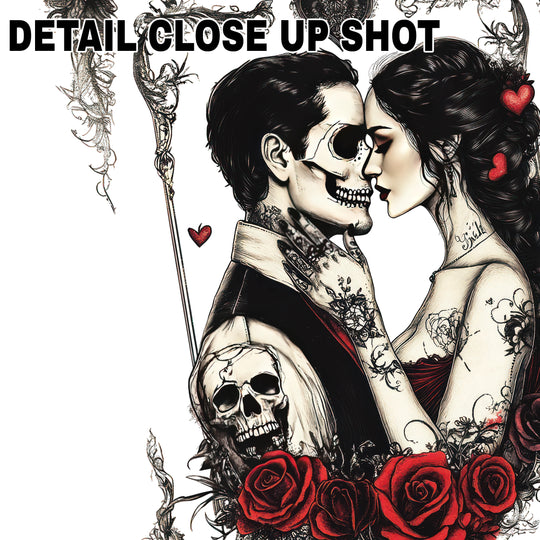 Gothic Valentine DTF transfer design showing tattooed couple embracing surrounded by red roses and thorny vines with skull details