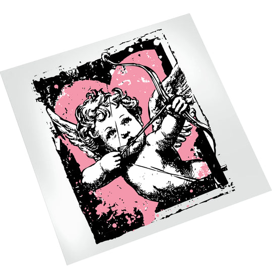 Tattoo cupid Valentine DTF transfer on white background displaying pink and black distressed artwork with classic cherub illustration