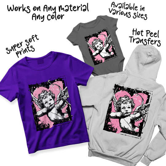 Multiple color variations of vintage cupid Valentine DTF transfer showing different pink and black combinations with grunge texture effects