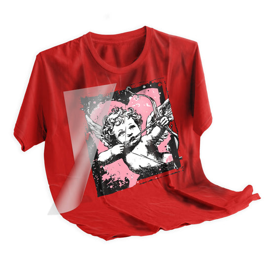 Valentine tattoo cupid DTF transfer applied to black t-shirt showing vibrant pink hearts and distressed cupid design after heat pressing