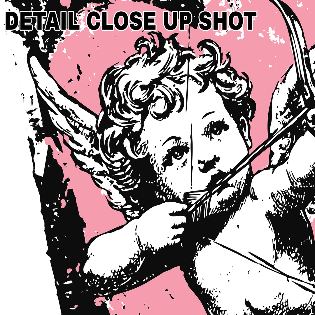 Valentine DTF transfer design showing vintage tattoo style cupid with bow and arrow surrounded by pink hearts and black grunge splatter effects