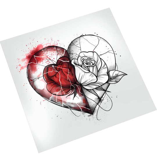 Valentine heart DTF transfer with artistic broken glass overlay and red paint splatters displayed on clean white mockup background