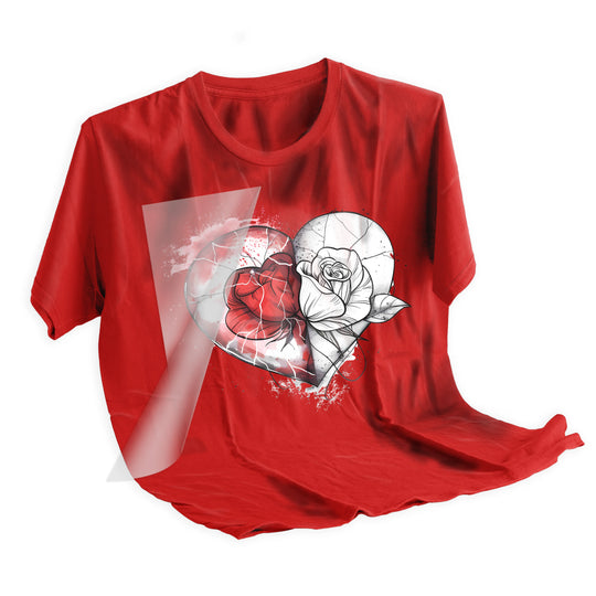 Valentine tattoo heart DTF transfer being applied to dark colored t-shirt with heat press showing professional application process