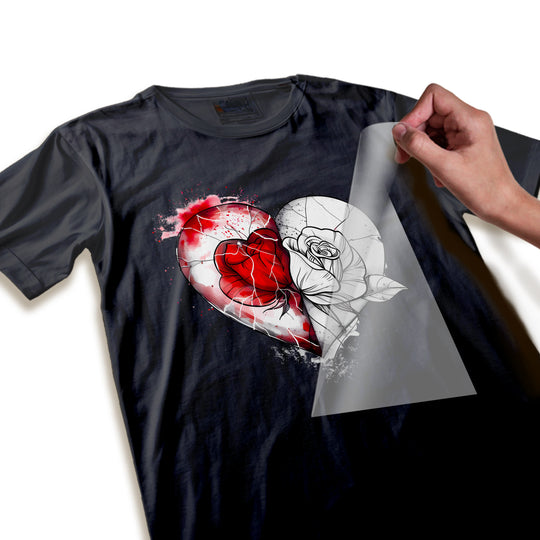 Close-up detail shot of the cracked glass texture and watercolor effect on the Valentine heart DTF transfer design