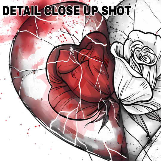 Valentine tattoo heart DTF transfer design with cracked glass effect and red watercolor splashes on white background