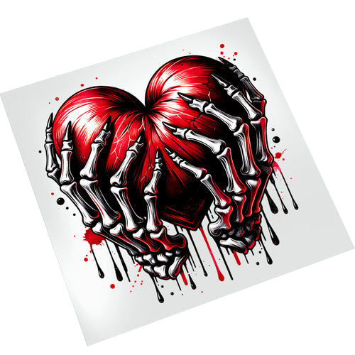 Gothic Valentine DTF transfer mockup on white t-shirt featuring red heart held by skeleton hands with dramatic dripping design elements