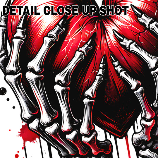 Valentine's Day DTF transfer design showing two skeleton hands forming a red heart shape with black dripping paint effects on white background