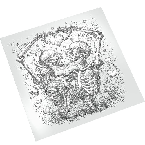Tattoo loving skeletons Valentine DTF transfer on white background showing detailed stippled artwork with romantic skeleton couple and heart motifs