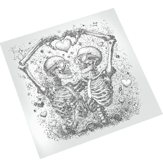Tattoo loving skeletons Valentine DTF transfer on white background showing detailed stippled artwork with romantic skeleton couple and heart motifs