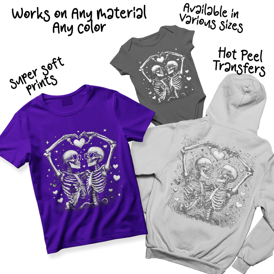Valentine skeleton couple DTF transfer showing color variations and design details with stippled dot art technique and romantic elements