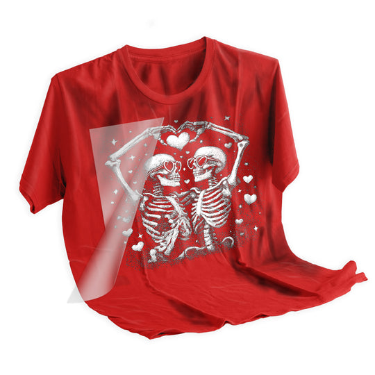 Applied Valentine tattoo skeletons DTF transfer on dark t-shirt showing how the design looks when heat pressed onto fabric