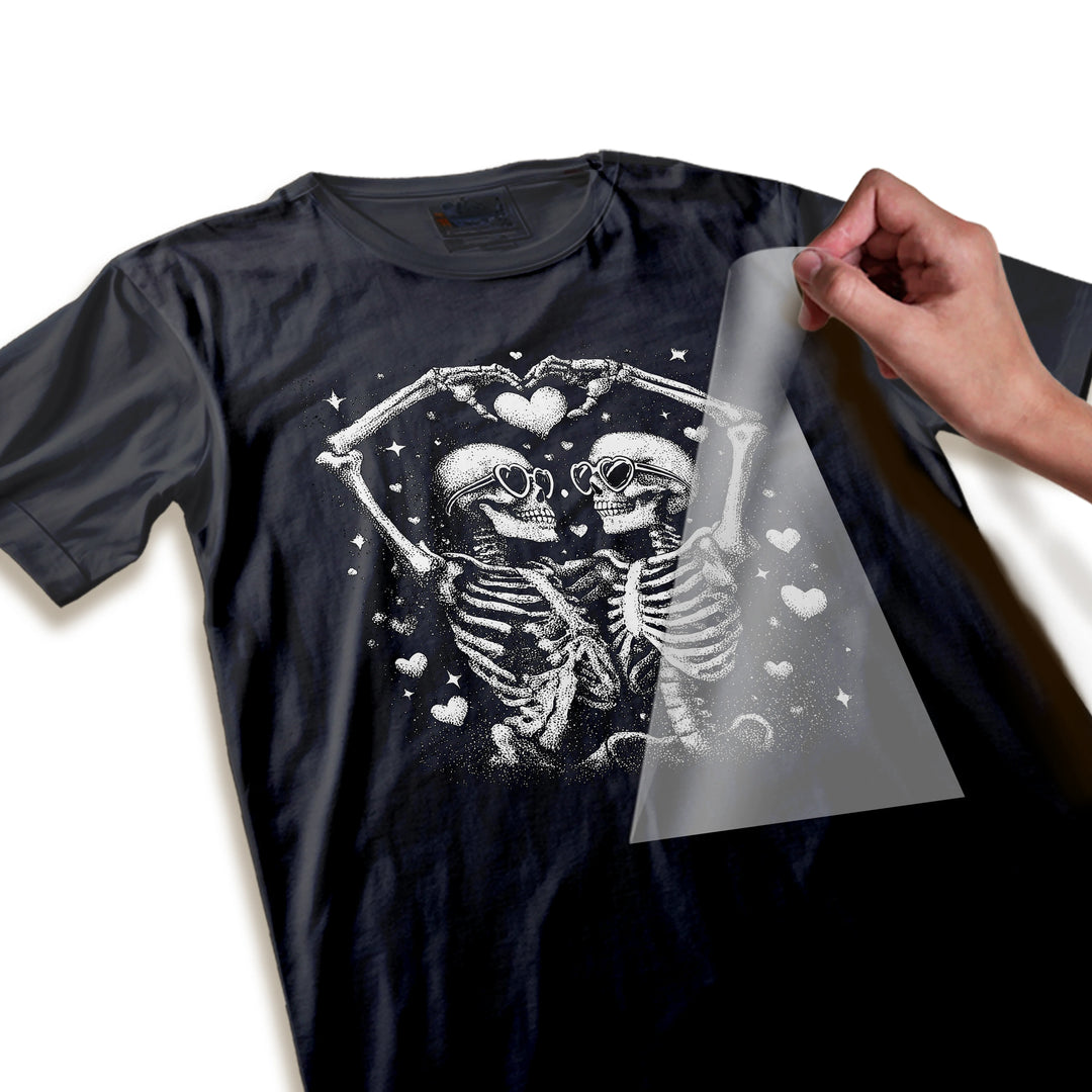 Close-up detail of Valentine skeleton DTF transfer showing intricate stippled dot work and fine artistic details in the romantic design