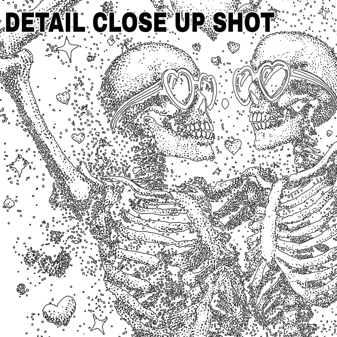 Valentine's Day DTF transfer design showing two skeleton lovers embracing in stippled tattoo art style with hearts and decorative elements