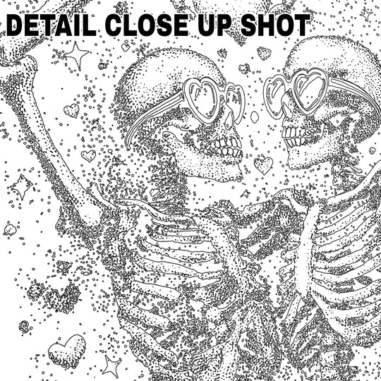 Valentine's Day DTF transfer design showing two skeleton lovers embracing in stippled tattoo art style with hearts and decorative elements