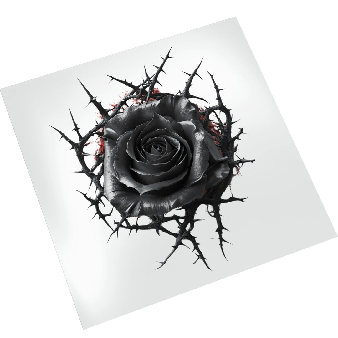 Valentine gothic black rose DTF transfer with thorn details shown on clean white mockup background for product display