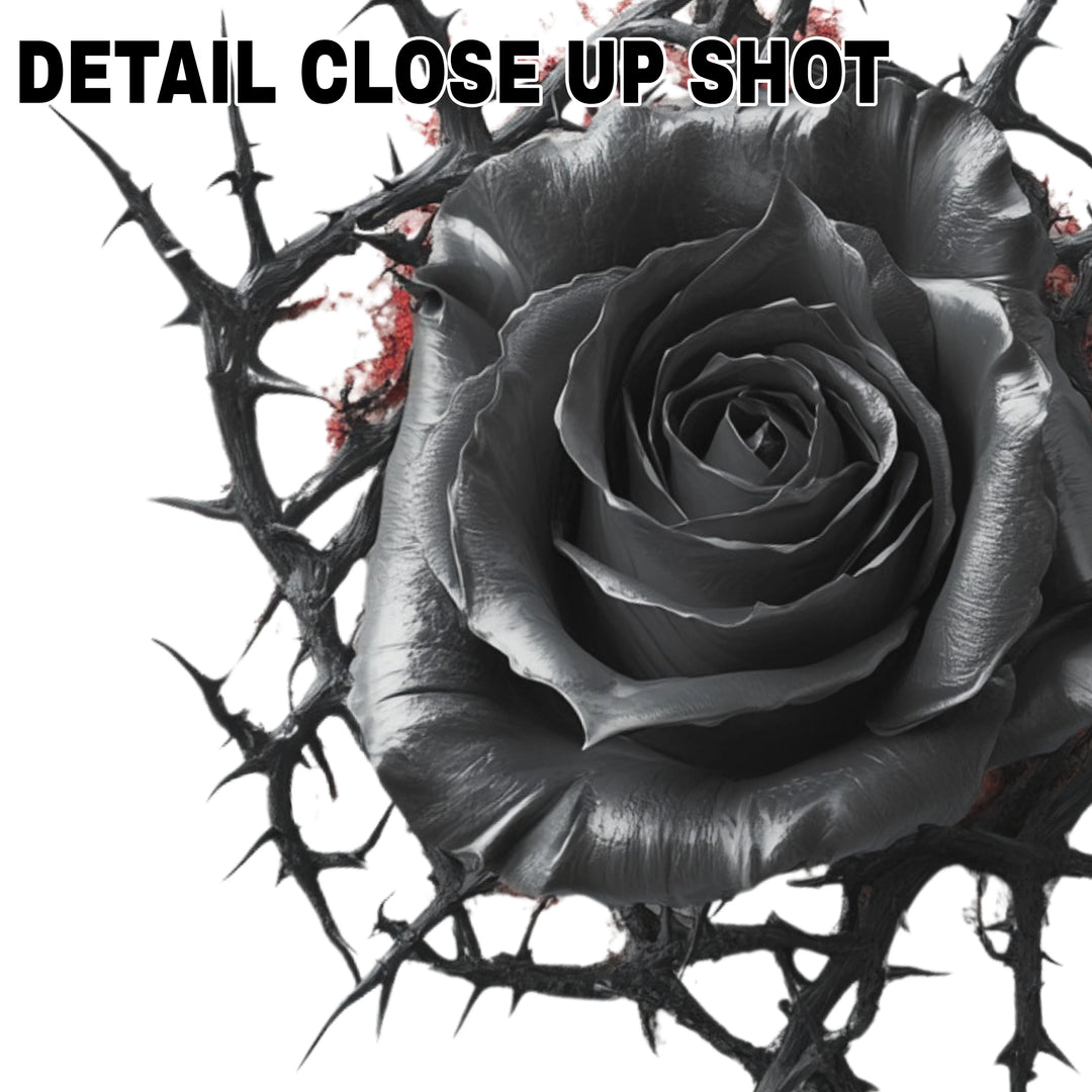 Gothic Valentine DTF transfer design featuring detailed black rose surrounded by thorny vines on white background