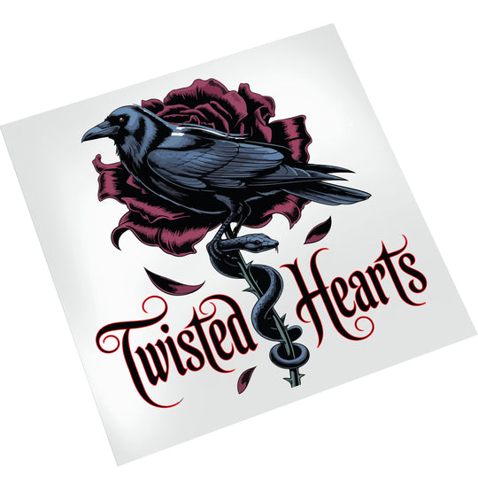 Twisted heart Valentine DTF transfer displayed on white background showing detailed raven, roses and ornate typography ready for heat pressing