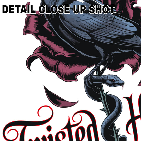 Valentine DTF transfer design showing black raven perched on burgundy roses with twisted heart text in gothic lettering style