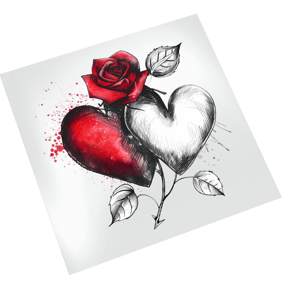 Two hearts and red rose DTF transfer displayed on white t-shirt mockup showing Valentine's Day design placement