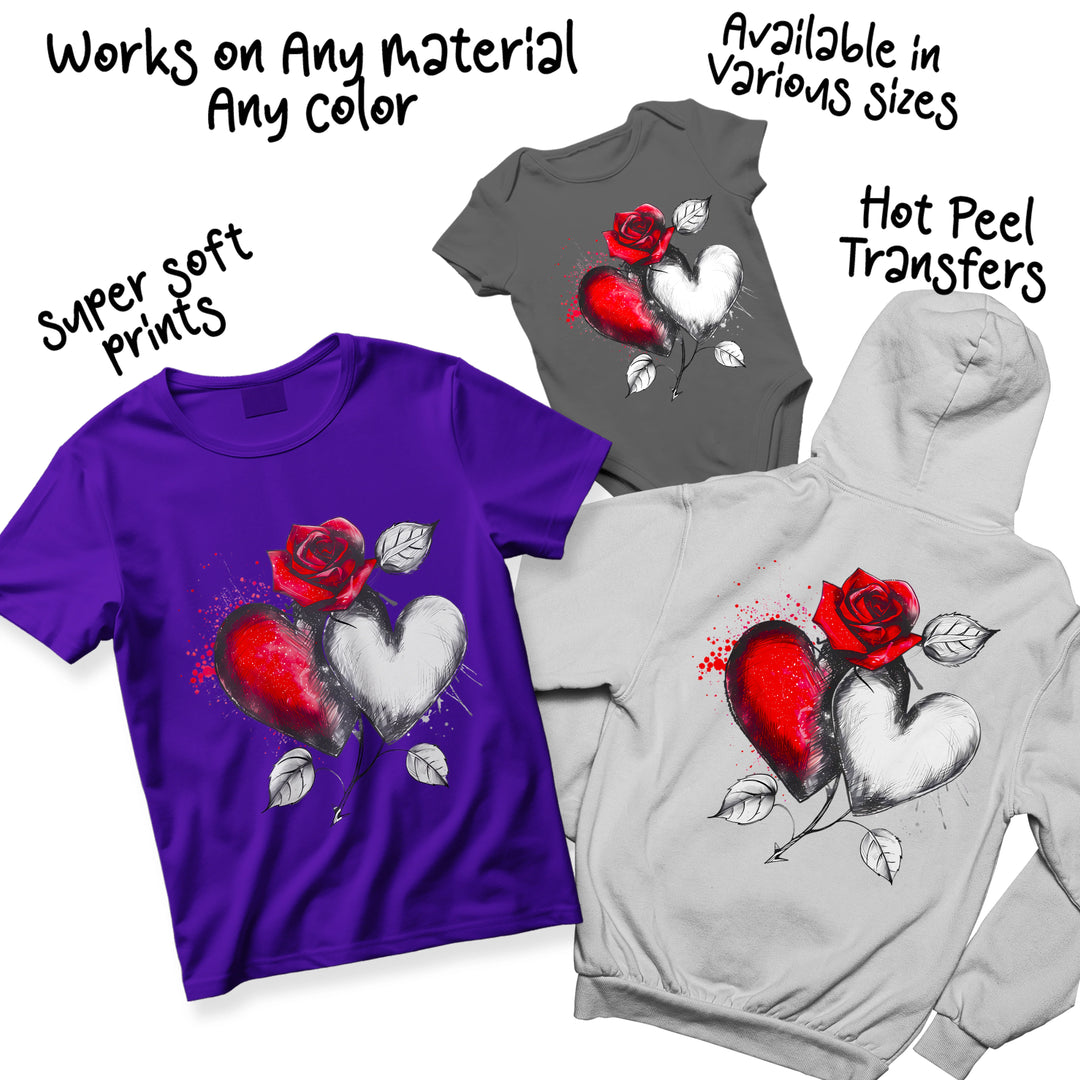 Valentine hearts and rose DTF transfer showing color variations and sizing options for custom apparel projects