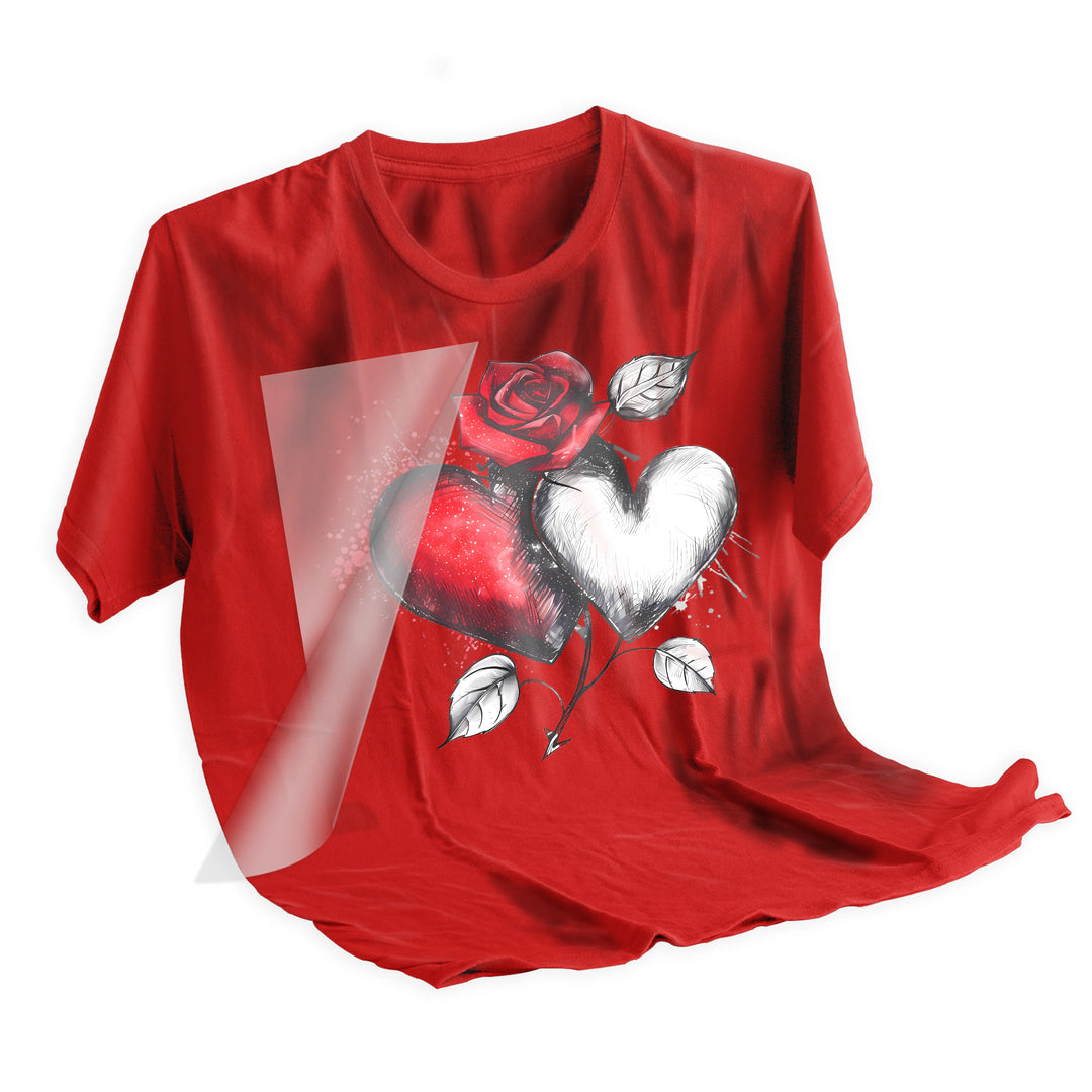 Heat press application of Valentine two hearts red rose DTF transfer being applied to white t-shirt