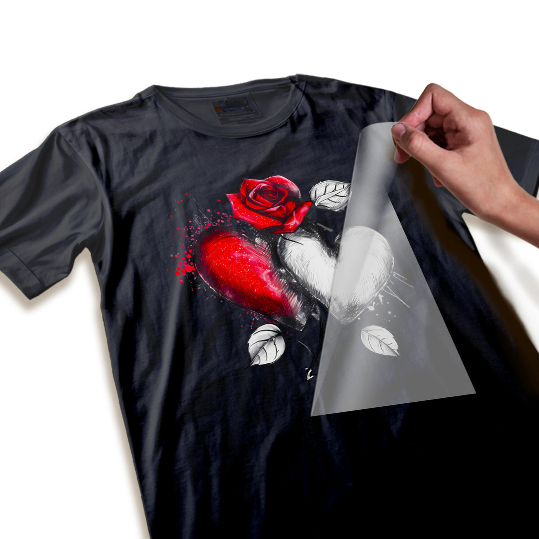 Close-up detail of Valentine DTF transfer showing watercolor red accents and hand-drawn line work quality