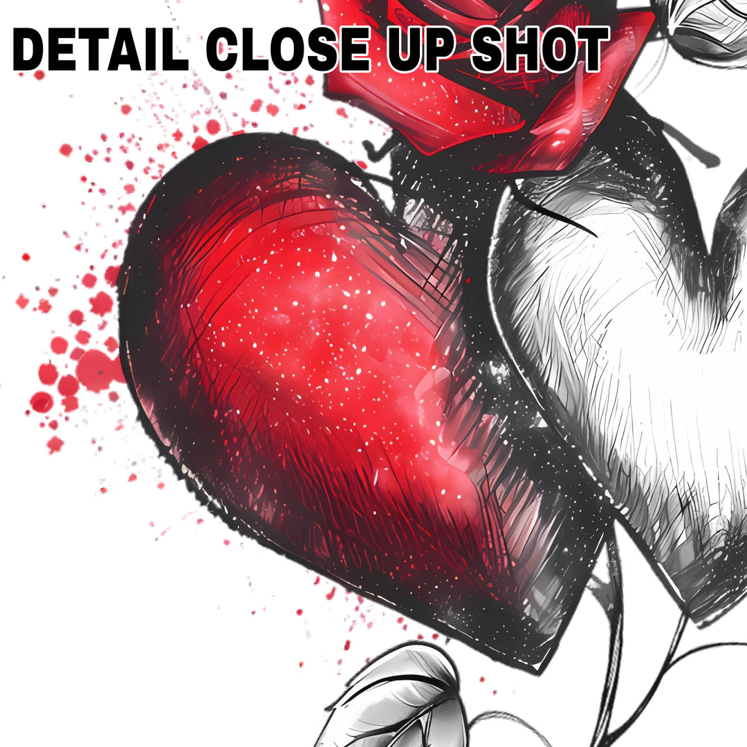Valentine DTF transfer design showing two interlocked hearts with red rose and watercolor splash effects on white background