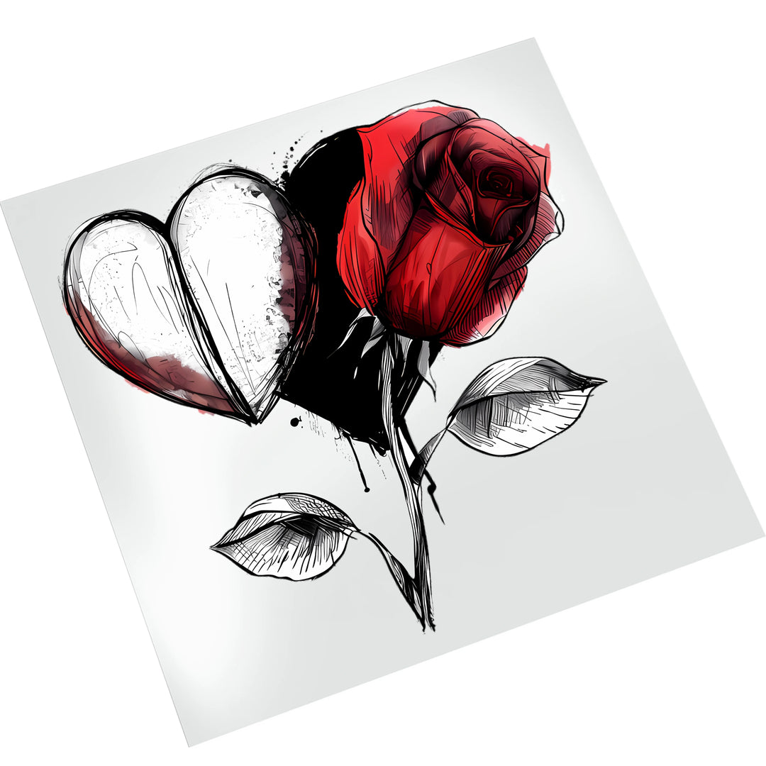 Valentine white heart red rose DTF transfer displayed on white background showing detailed sketch-style artwork with watercolor effects