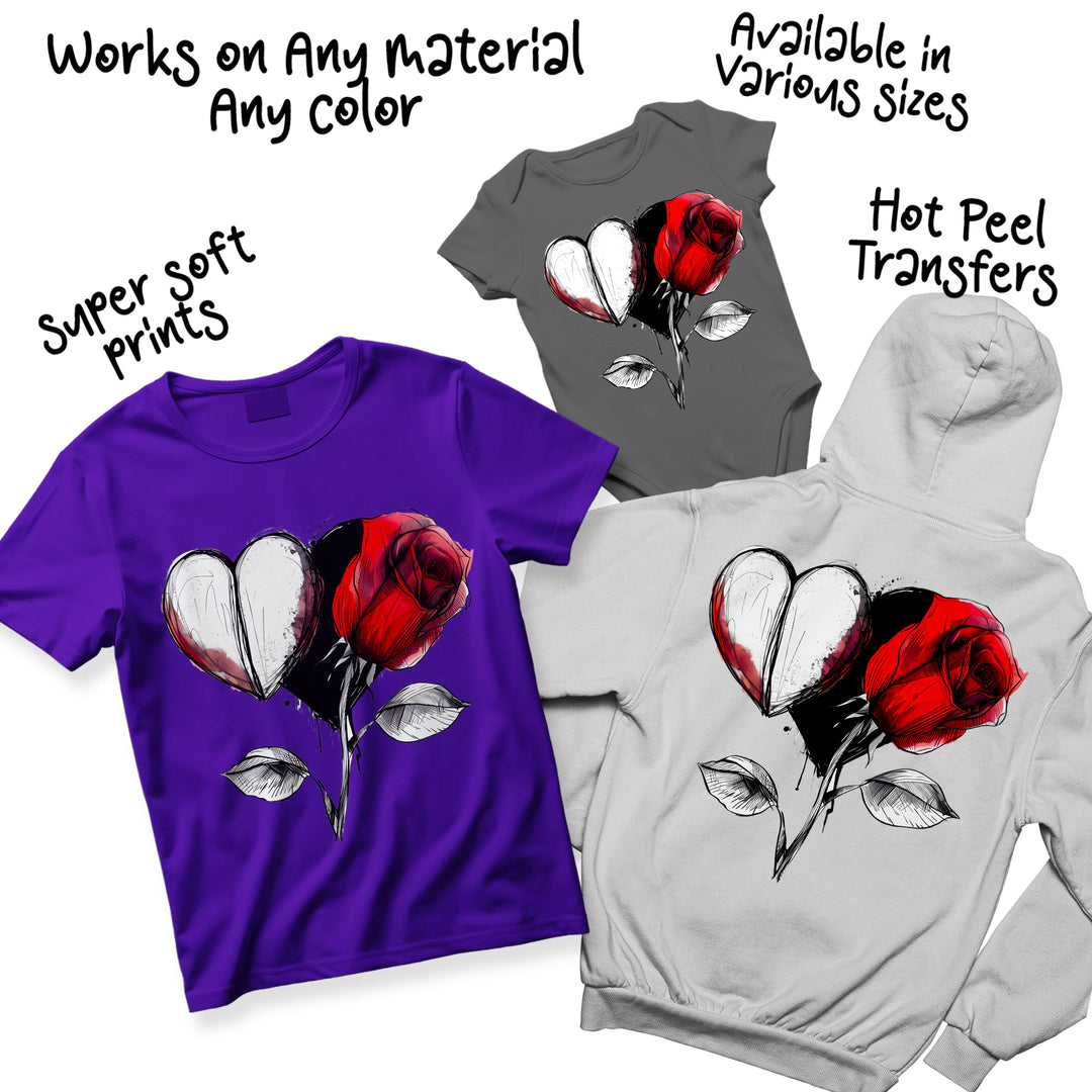 Multiple color variations of Valentine heart and rose DTF transfer showing different artistic interpretations and color combinations