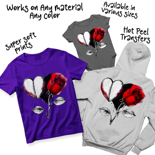 Multiple color variations of Valentine heart and rose DTF transfer showing different artistic interpretations and color combinations