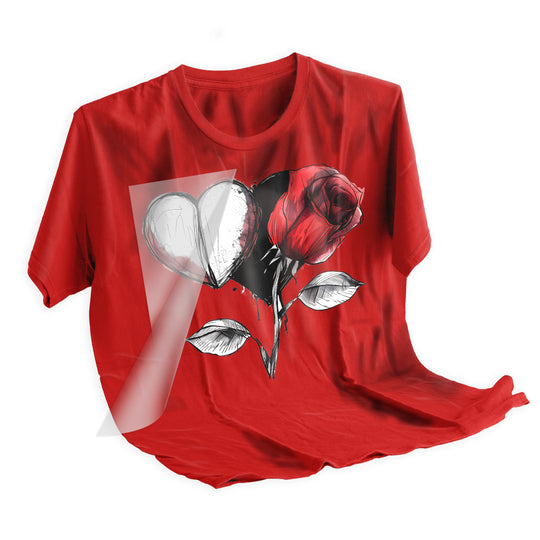 Valentine DTF transfer applied to black t-shirt showing vibrant red rose and white heart design after heat press application