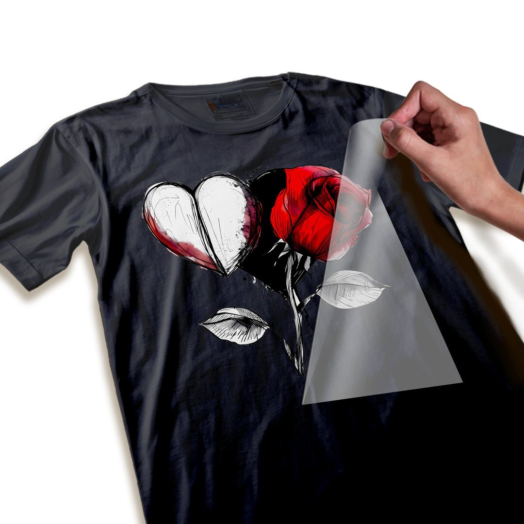 Close-up detail shot of Valentine DTF transfer showing high-quality print resolution and artistic line work in red rose petals and heart design