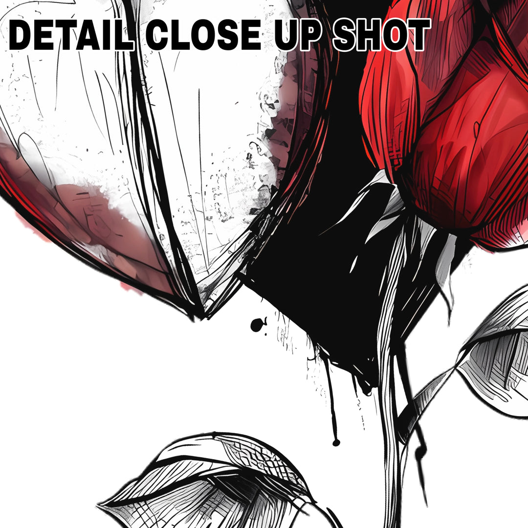 Valentine DTF transfer design featuring artistic red rose intertwined with white heart and black paint splatter effects on transparent background