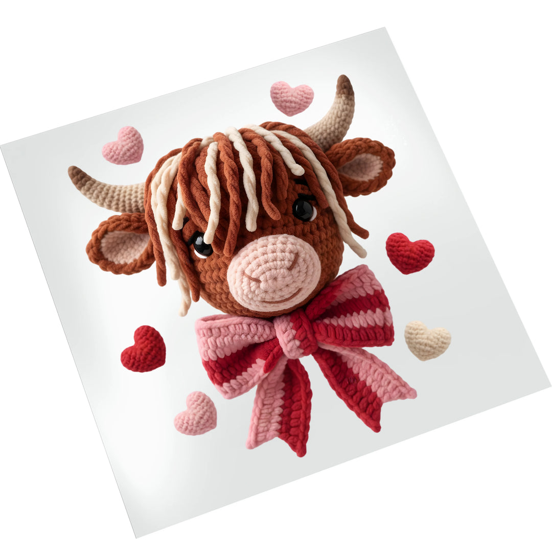 Highland cow Valentine DTF transfer with knitted texture appearance, pink and red bow, surrounded by crocheted hearts in Valentine's Day color scheme