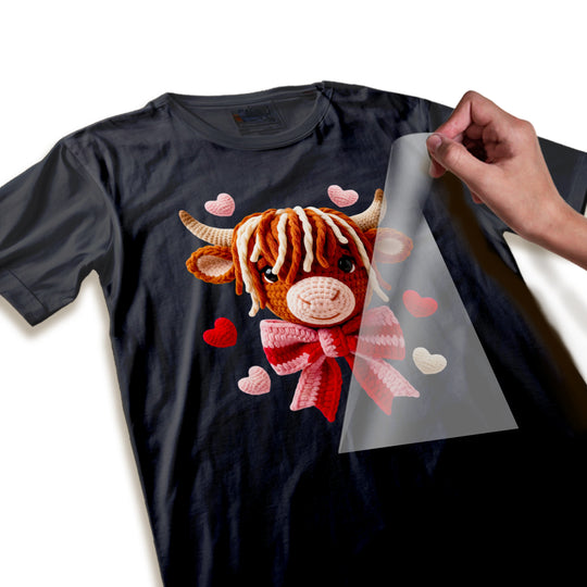 Close-up detail of highland cow DTF transfer showing intricate knitted texture, embroidered-look fur strands, and dimensional bow construction