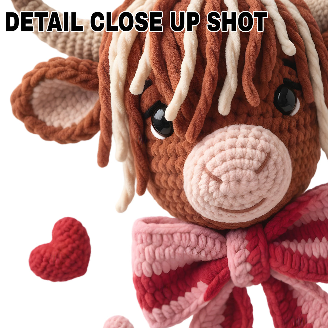 Valentine DTF transfer design featuring adorable brown highland cow with textured yarn-like fur, pink bow, and scattered heart decorations on white background