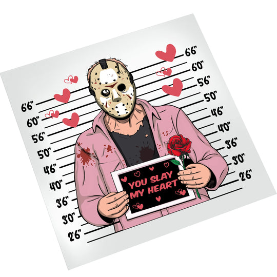 Horror Valentine mugshot DTF transfer on white background showing masked character with romantic message and heart decorations for heat press application