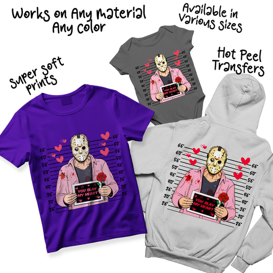 Multi-color Valentine horror DTF transfer variations showing different colorways of masked character mugshot design with romantic hearts theme