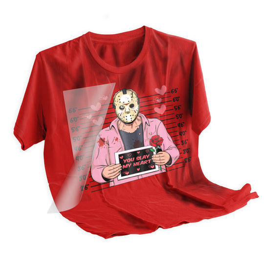 Valentine horror mugshot DTF transfer applied to dark colored t-shirt showing final pressed result with vibrant colors and clear detail reproduction