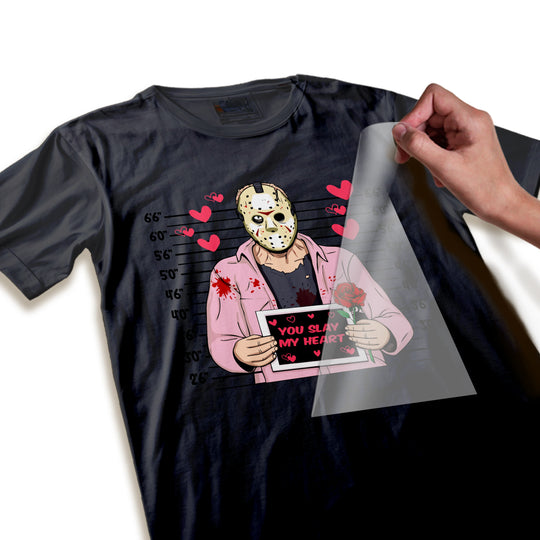 Close-up detail of Valentine horror DTF transfer showing high-quality print resolution of masked character face, hearts, and 'You Slay My Heart' text
